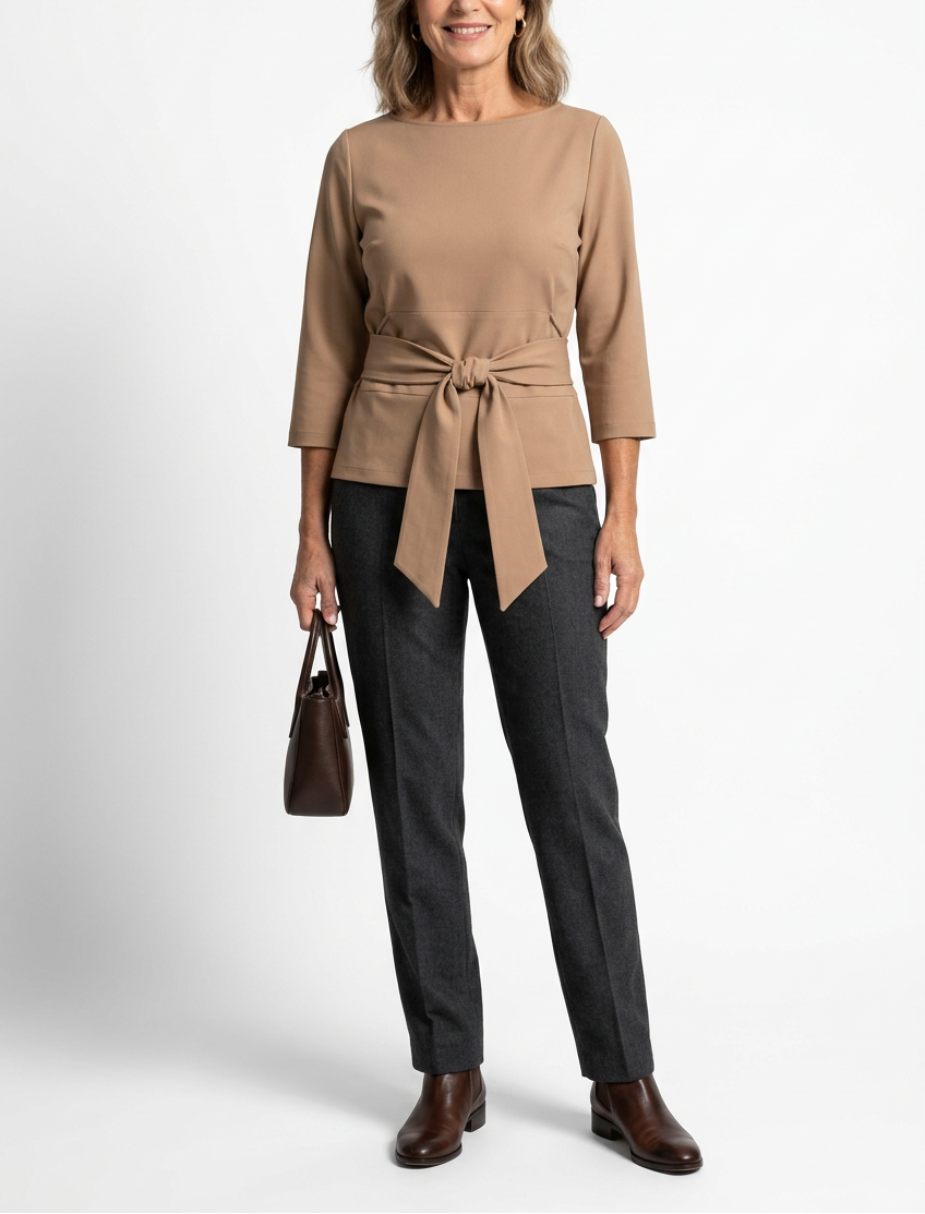 Beige top op een model rond de 52 jaar