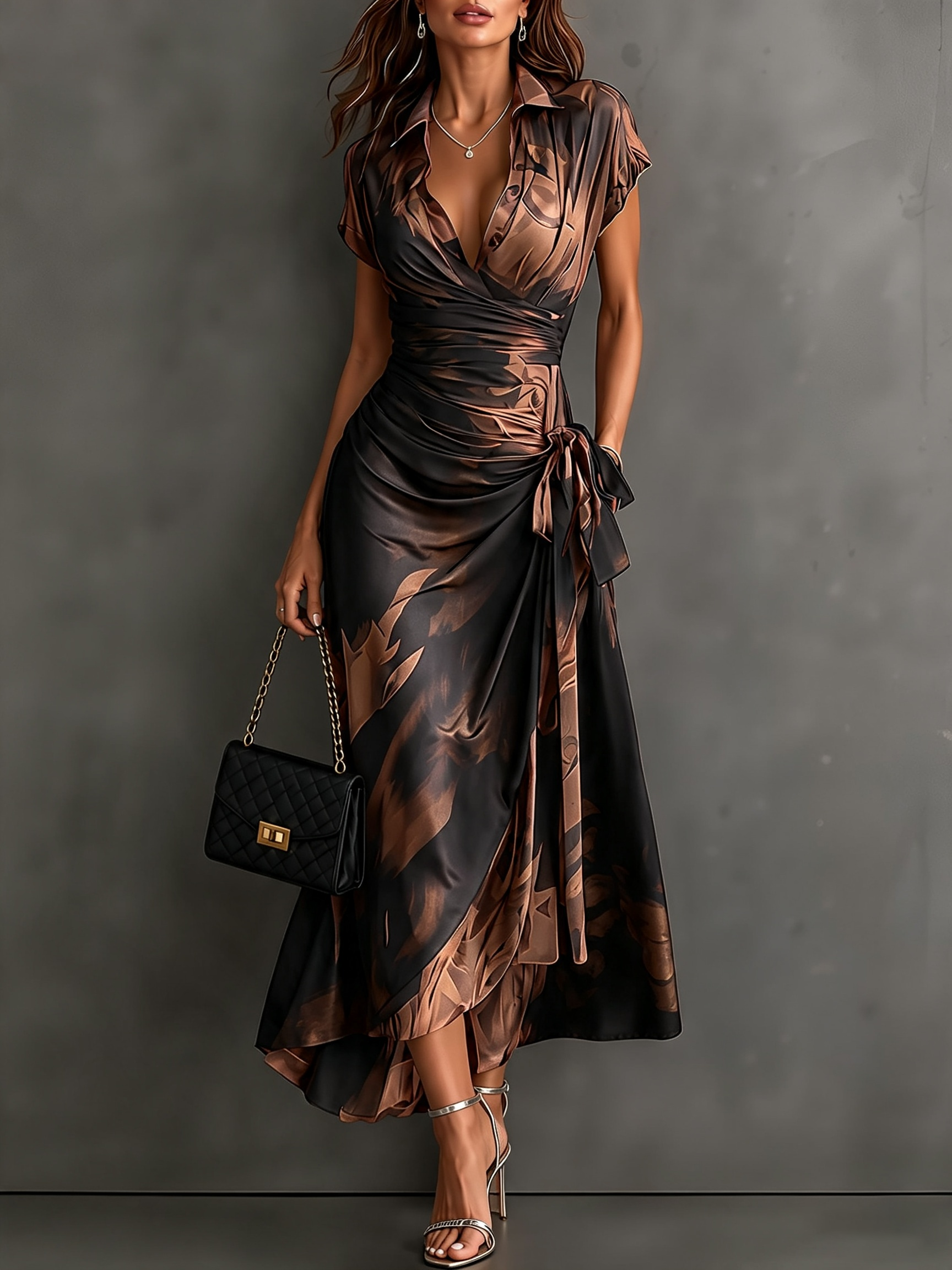 Brown abstract print wrap maxi dress