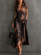 Brown abstract print wrap maxi dress