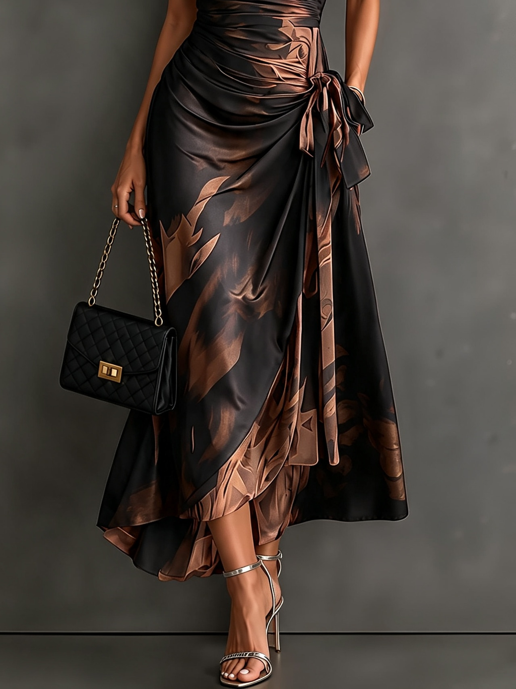 Brown abstract print wrap maxi dress