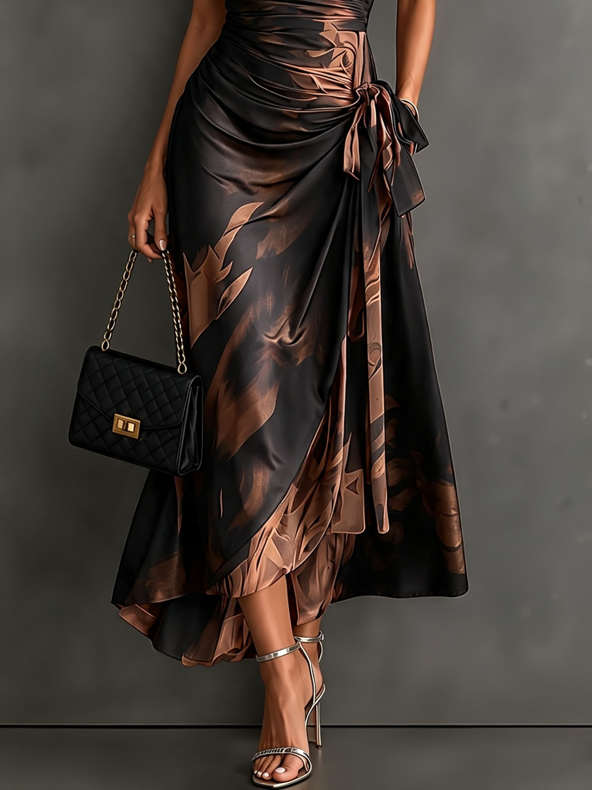Brown abstract print wrap maxi dress