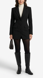 Zwarte playsuit gestyled voor herfst en winter op een model van circa 52 jaar